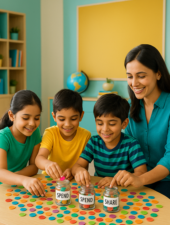 Father and child learning about money together